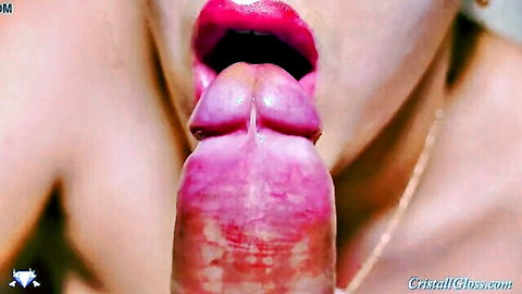 Cristall Gloss closeup oral sex with glossy red lips and deepthroat action