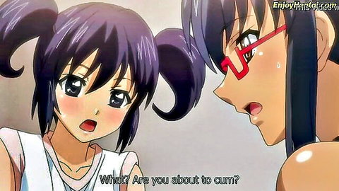Two purple-haired hentai girls with glasses in uniforms blush as one asks 'What are you about to cum?'