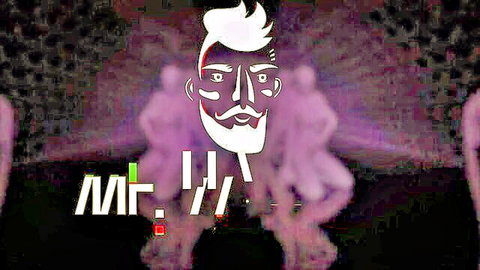 Stylized white Mr logo with bearded man face on purple glitchy background