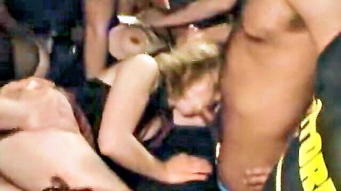 Blonde slutwife gangbanged by group of men in explicit orgy