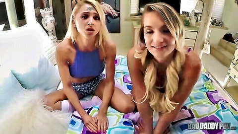 Alix Lynx and Cali Carter as lustful blonde stepdaughters in lesbian tease