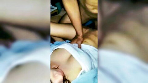 Amateur Asian teen big tits exposed roughly groped by man on bed