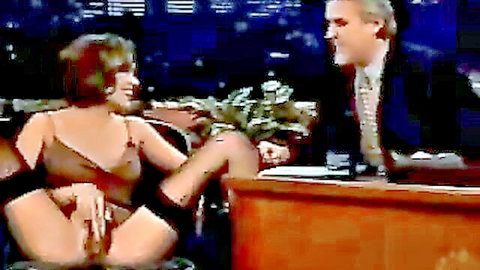 Seductive brunette in lingerie and stockings during flirty interview