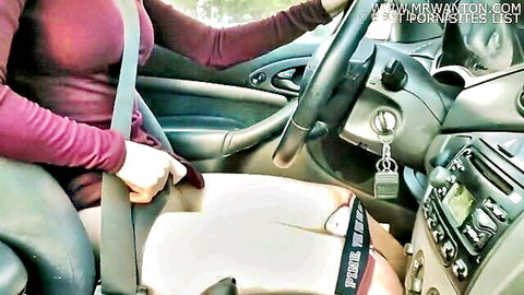 Amateur solo female masturbating while driving in car, purple top