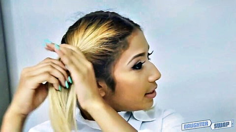 Ally styles blonde ponytail in white top, teases teen pussy flash