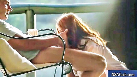 Redhead babe kneeling for intense blowjob in cumshot compilation