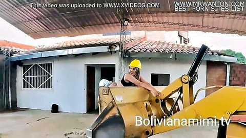 Latina in hardhat exposes tits and ass on backhoe for outdoor fuck