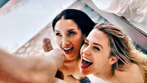 Mia Malkova and Lana Rhoades nude POV selfie with cock, smiling