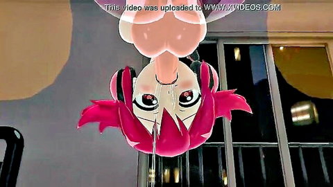 Upside-down pink-haired anime catgirl with big eyes catches thick cum dripping from cock into her open mouth and tongue.