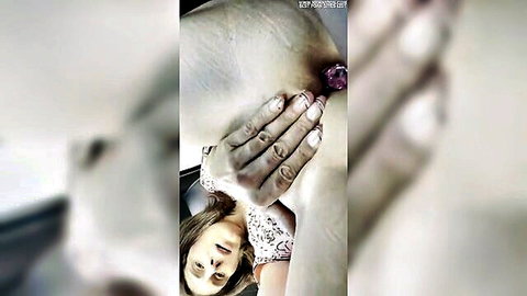 Brunette's tight asshole stuffed with pink butt plug, hand spreading cheeks POV