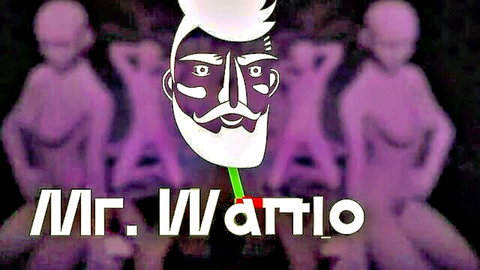 Stylized Mr. Wario bearded face logo with purple alien figures posing in background