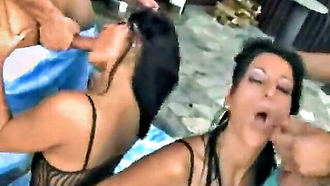 Skinny brunette MILF gets mouth stuffed and pussy fingered by two guys poolside outdoors