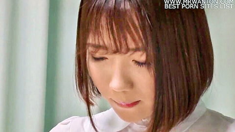 Beautiful Japanese nurse in white blouse looks down seductively in JAV handjob scene