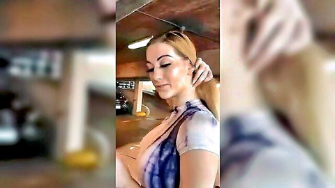 Amber Ashley white blonde cutie in low-cut top, teasing twerk vibes