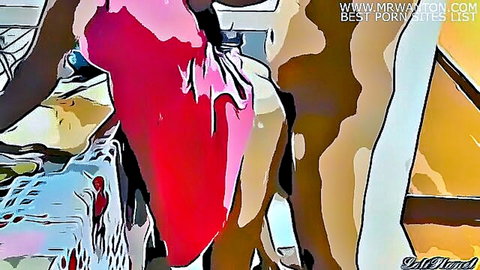 Cartoon ebony niece in red dress bent over for uncle's kitchen advance