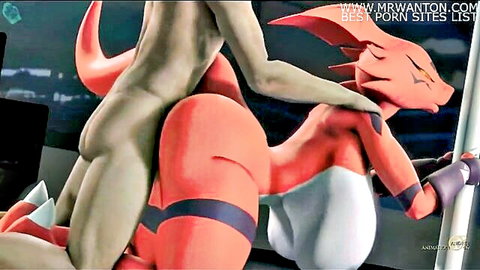 Animated red furry dragoness in doggy style with nude human male