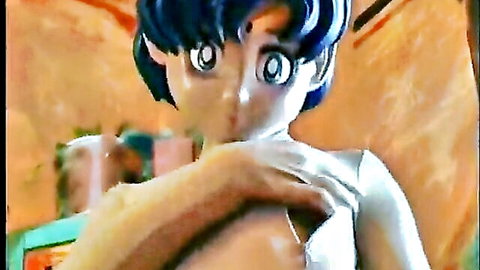 Sexy anime doll with big eyes spreading legs wide, covering breasts nude