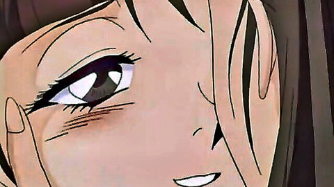 Cute anime hentai girl with big sparkling eyes and sly smile close-up