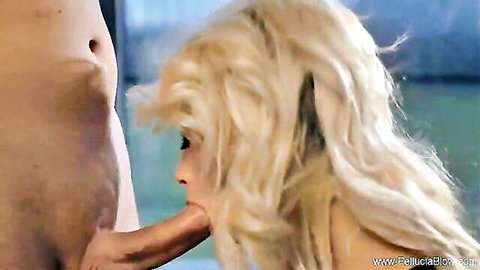 Blonde bombshell with plump lips sucking thick cock in outdoor blowjob closeup
