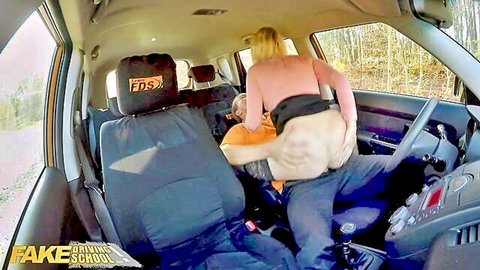 Blonde Marilyn Sugar in black stockings rides instructor in Fake Driving School car sex