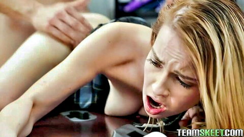 Alexia in schoolgirl outfit bent over desk, fucked doggy by teacher