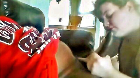 BBW white woman performs deep blowjob on black cock, licks balls