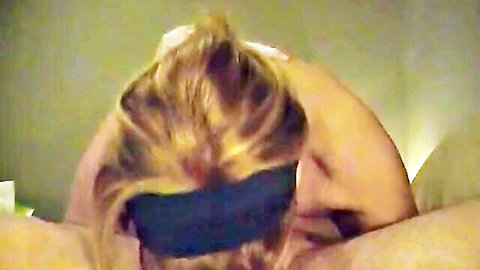 Cory Kennedy blindfolded nude, mouth open for deepthroat oral sex