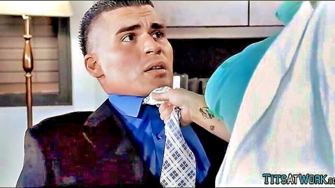 Bitchy boss grabs employee's tie, showing dominance in office tease