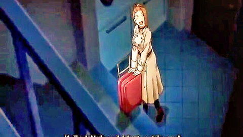Curvy anime woman in open white coat revealing large breasts, holding red suitcase