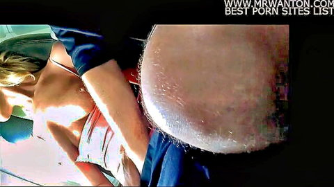 Blonde with big tits sucks bald man's cock in amateur closeup