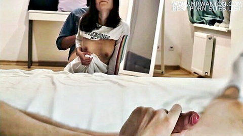 Cuckold husband watches bull's thick cock tip pressing against Italian wife's wet pussy and exposed tits