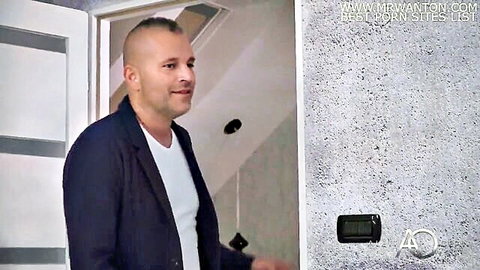 Aletta Ocean live after party with handsome shaved-head man in doorway