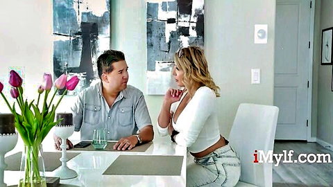 Blonde MILF stepmom in low-cut top chats with Latino stepsons in Mylf taboo scene