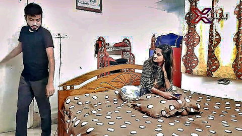 Desi girlfriend in striped top on bed with boyfriend, amateur couple scene