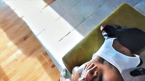 Ebony woman getting fucked on the job in POV, exposed breasts and tattoos
