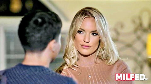 Blonde MILF in sheer top confronts daughter's husband face-to-face