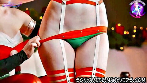 Sonya Vibe pulls down green thong in red Santa lingerie for anal