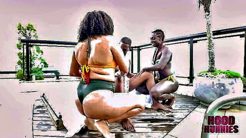 Fernanda Chocolatte and ebony friends in bikinis teasing big asses outdoors