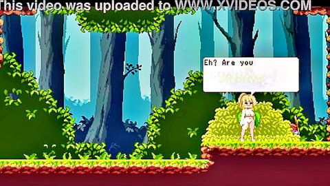 Blonde pixel girl in white outfit surprised in horny forest, shouting Eh? Are you