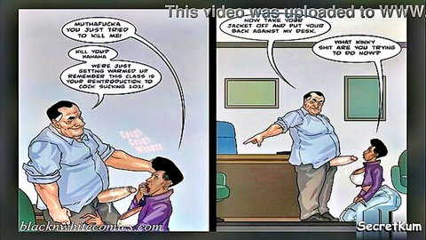 Chubby boss grabs ebony twink's head forcing thick cock deep into his mouth in rough comic blowjob.