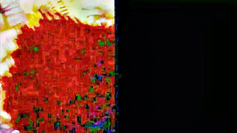 Distorted abstract red and yellow pixelated glitch pattern on black background