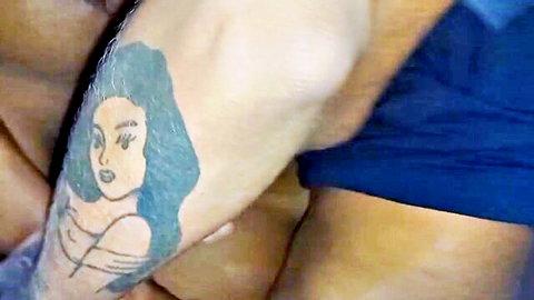 Morenaemily trans in amateur threesome, arm tattoo close-up