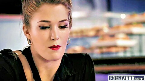Evelyn Claire as seductive private investigator in Pure Taboo thriller, blonde beauty in black top
