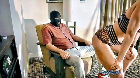 Jess Ryan in leopard thong grinds on masked man's lap in hotwife scene