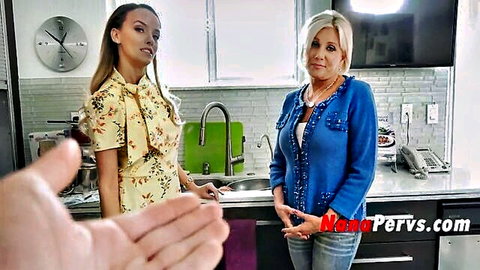 Pristine Edge as hot nana with stepmom in floral dress kitchen tease