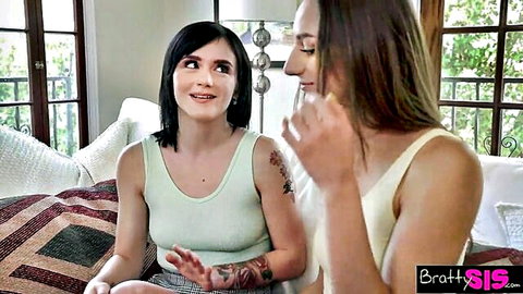Andi Rose and busty BFF in tank tops, teasing chat on bed - Bratty Sis