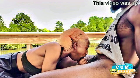 Jamaican teen giving outdoor blowjob in Florida lingerie
