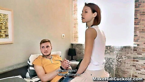 Carmen Fox teases blond boyfriend on bed in cuckold scene