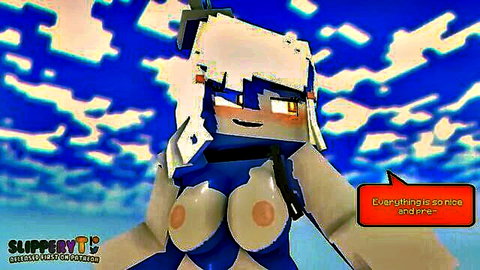Blushing blue-skinned Minecraft girl exposes massive pixelated tits with nipples outdoors