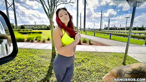 Brooke Beretta in yellow sports bra and gray yoga pants by Bang Bus